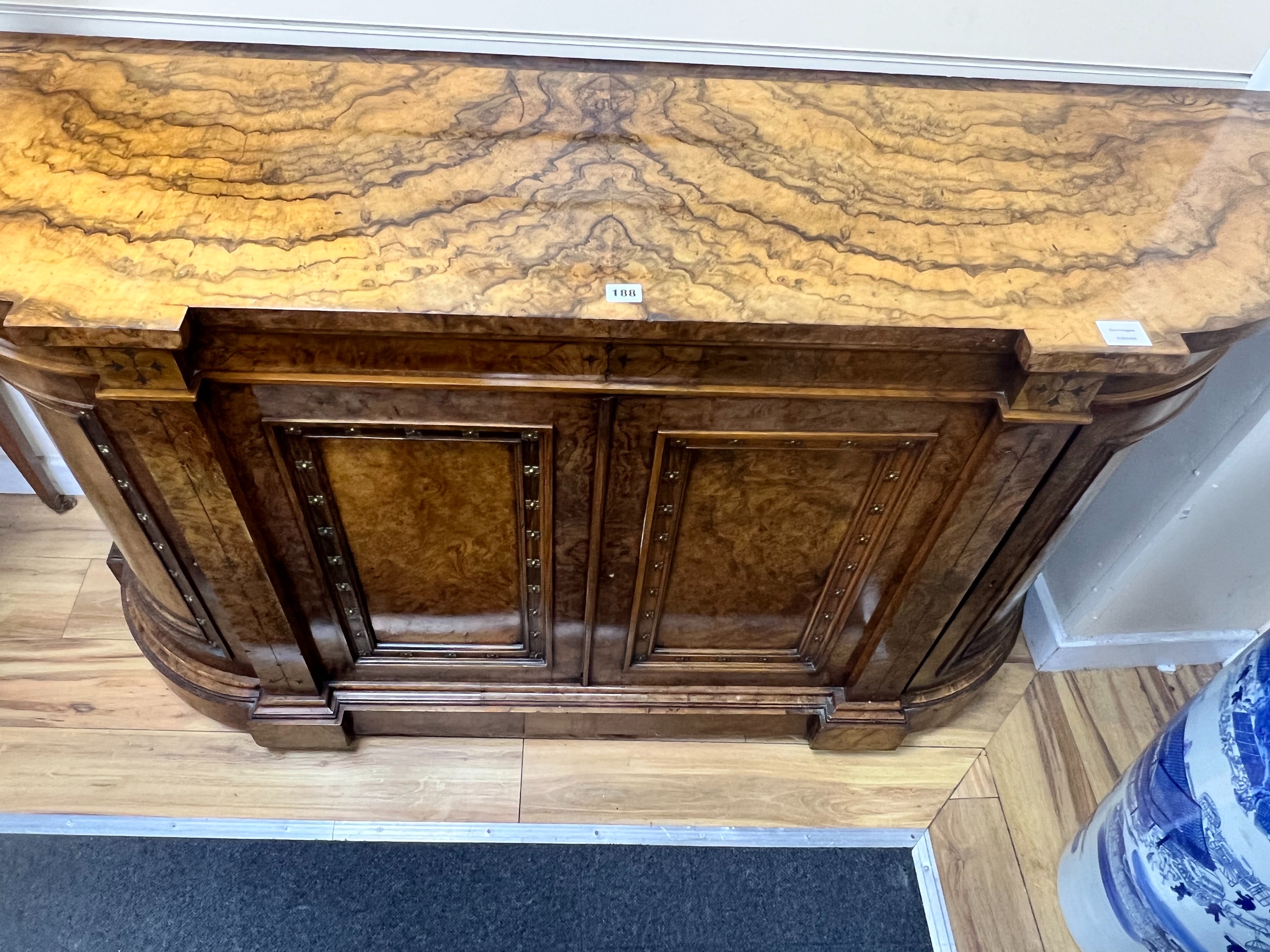 A Victorian figured walnut credenza, width 158cm depth 45cm height 94cm